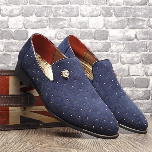 Men\'s Pointed Toe Rivet Dress Shoes Glitter Modern Metallic Slip On Loafers